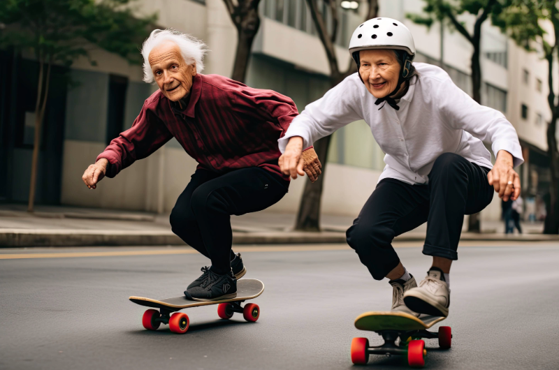 Is Exercise or Diet More Important for Wellness and Longevity? 5 Two older people skateboarding and aging well.