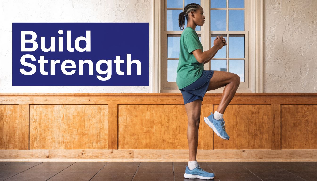 A person standing on one leg indoors while performing a hip strength exercise for rehabilitation.