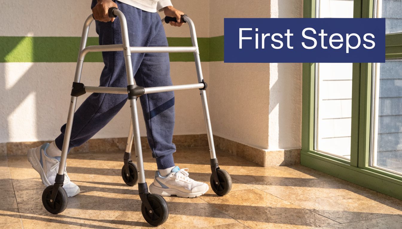 A person using a metal walker to take their first steps while recovering in a room.