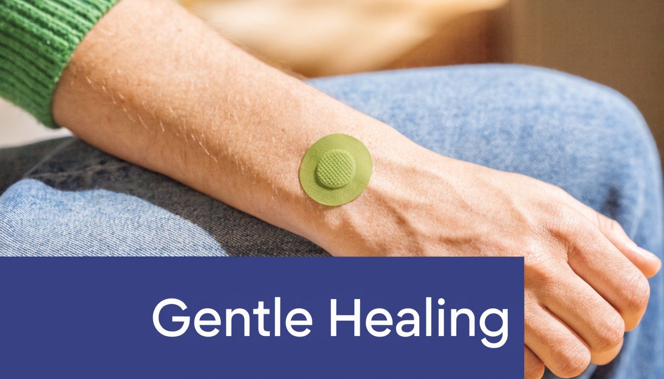 Mole Removal Procedure: Your Complete Patient Guide 4 A close-up of a forearm with a small, round green adhesive patch applied to the skin.