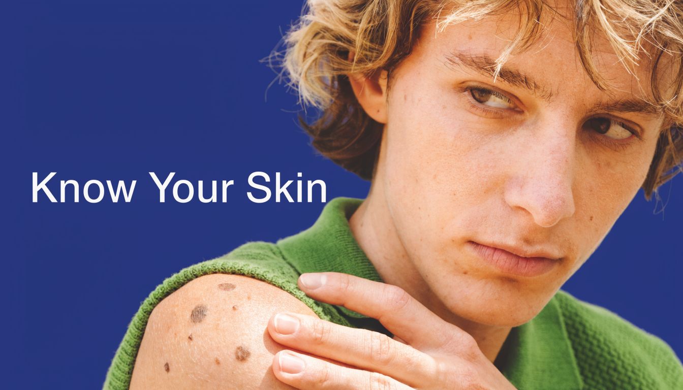 Mole Removal Procedure: Your Complete Patient Guide 1 A young man checking dark spots on his shoulder with the text Know Your Skin overlayed.
