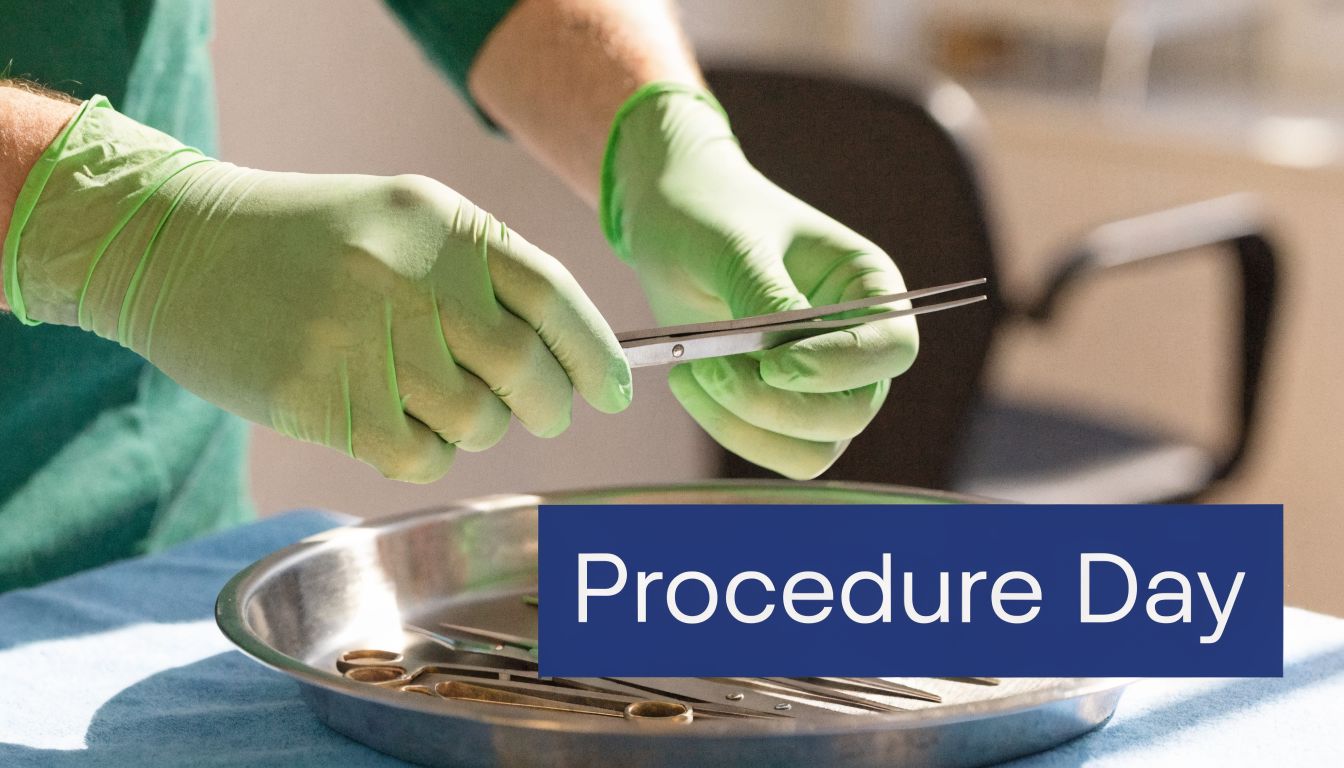 Mole Removal Procedure: Your Complete Patient Guide 3 A surgeon wearing green medical gloves holds stainless steel surgical tweezers over a metal tray of instruments.