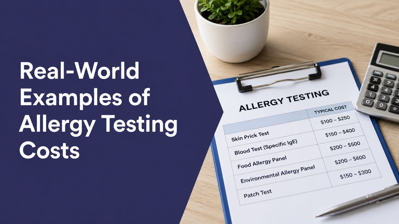 Allergy Testing Cost in the UK: A 2026 Price Guide 3 A clipboard showing a table with typical costs for various allergy testing procedures on a wooden desk.