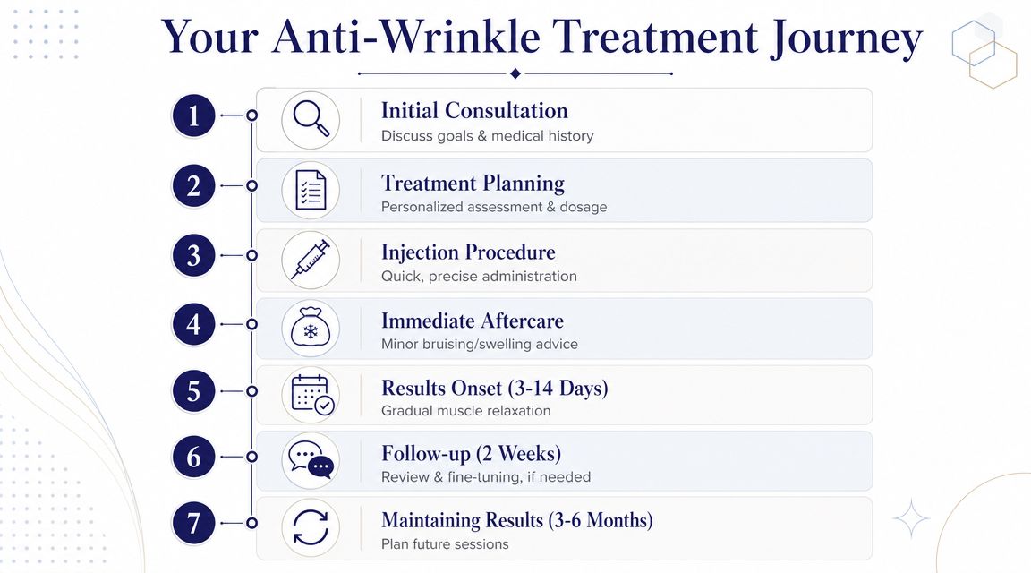Anti Wrinkle Injections 2 A step-by-step infographic detailing the anti-wrinkle injection treatment process from initial consultation to maintenance.