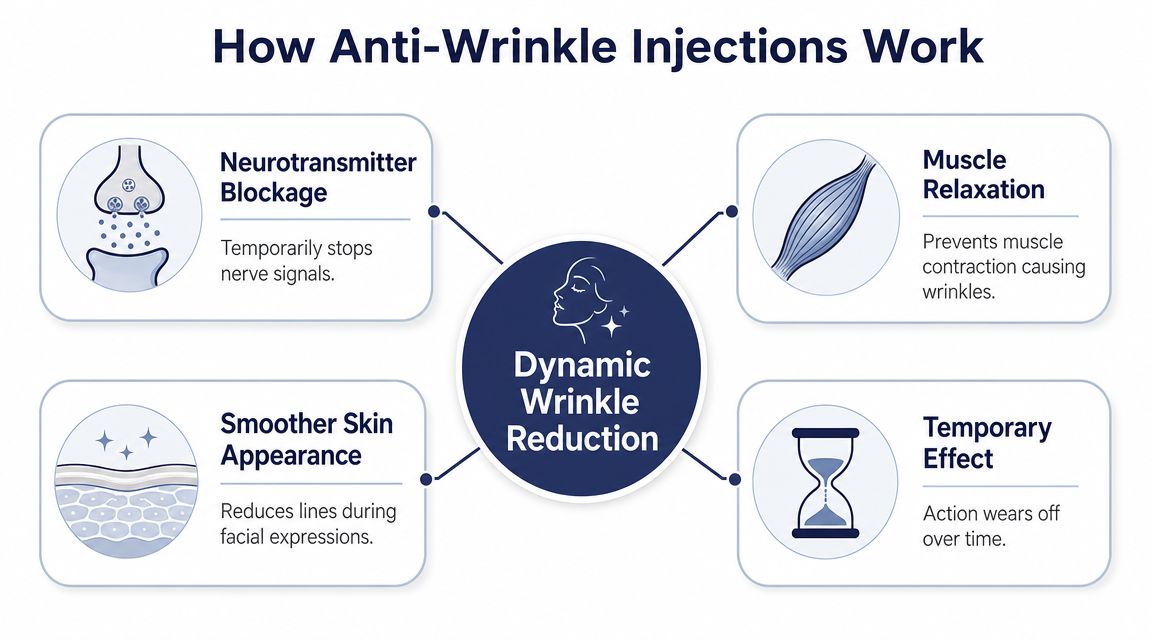Anti Wrinkle Injections 1 A diagram explaining how anti-wrinkle injections work through neurotransmitter blockage, muscle relaxation, smoother skin, and temporary effects.