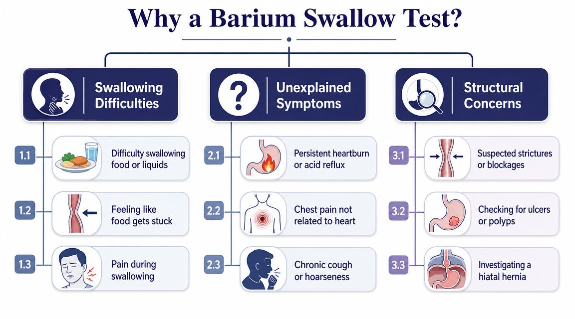 Barium Swallow Test: A Patient's Guide for 2026 1 An infographic titled Why a Barium Swallow Test outlining reasons including swallowing difficulties, unexplained symptoms, and structural concerns.