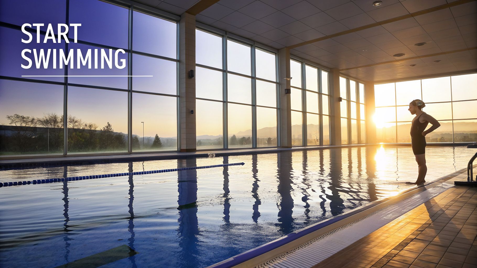 A swimmer in a cap and suit stands at the edge of a bright indoor pool with large windows overlooking a sunrise.