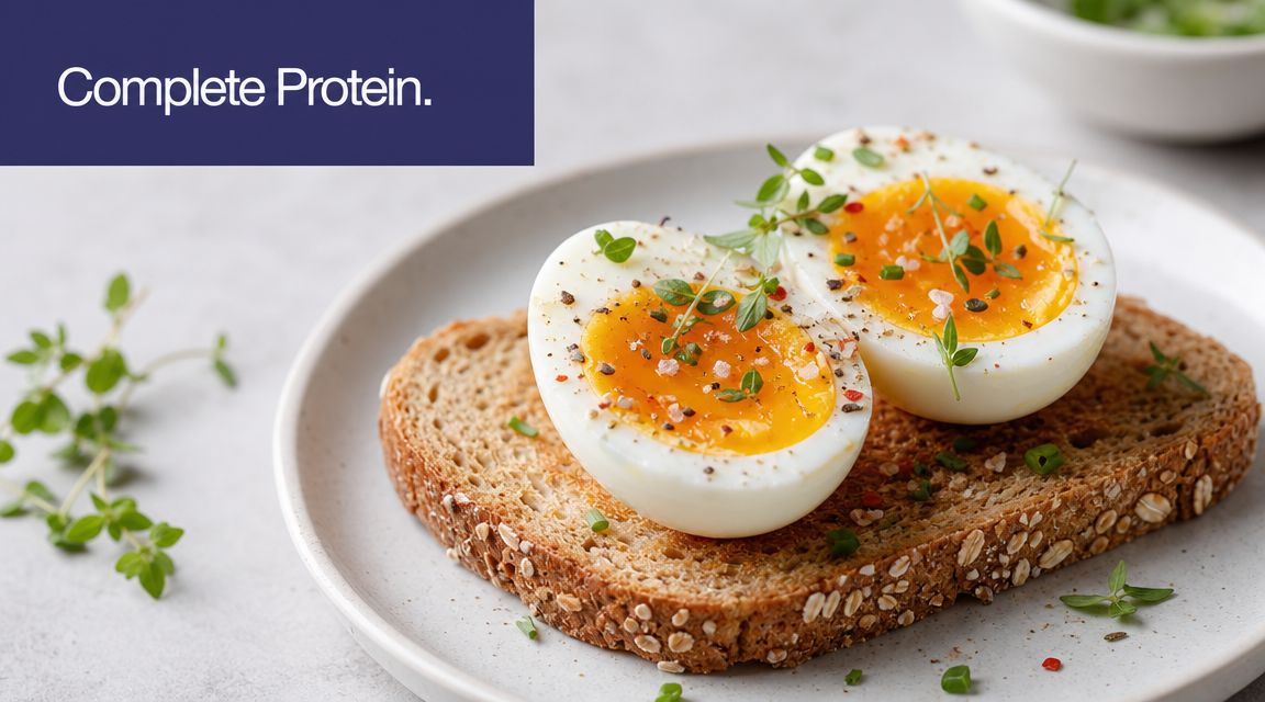 The 10 Best Protein Foods for Your Health Goals 2 A halved soft-boiled egg served on a slice of whole grain toast topped with fresh herbs.