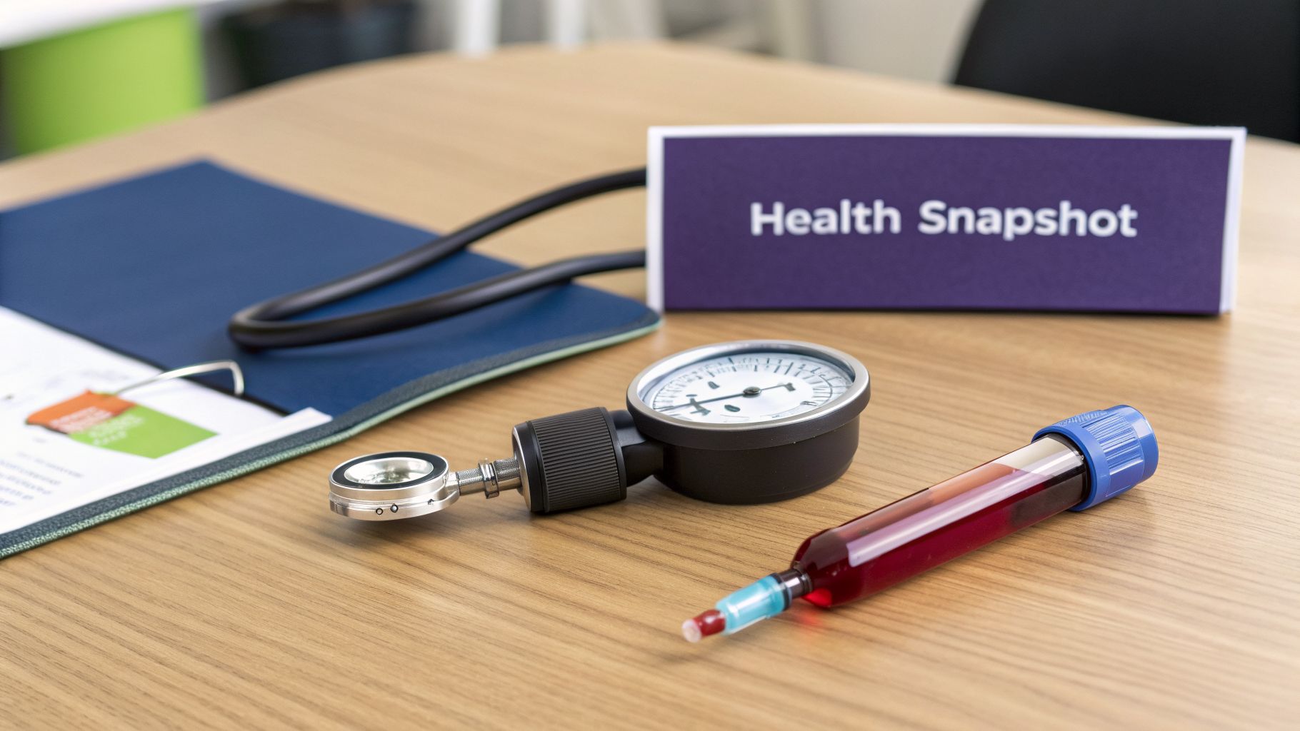 Your Complete Guide to Understanding a Biochemistry Blood Test 1 Medical equipment like a blood pressure monitor, blood sample tube, and health documents on a table.