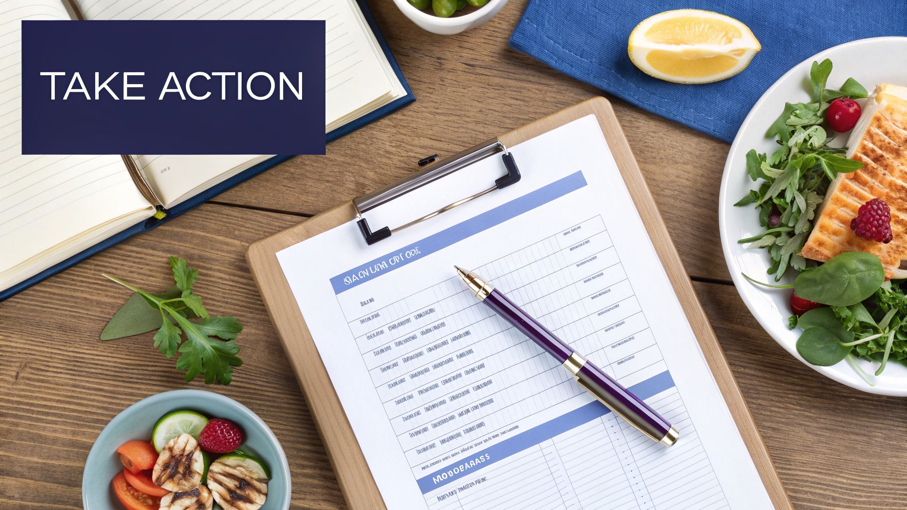 Your Complete Guide to Understanding a Biochemistry Blood Test 3 Flat lay of healthy meal prep with a 'TAKE ACTION' banner, clipboard, and notebook.