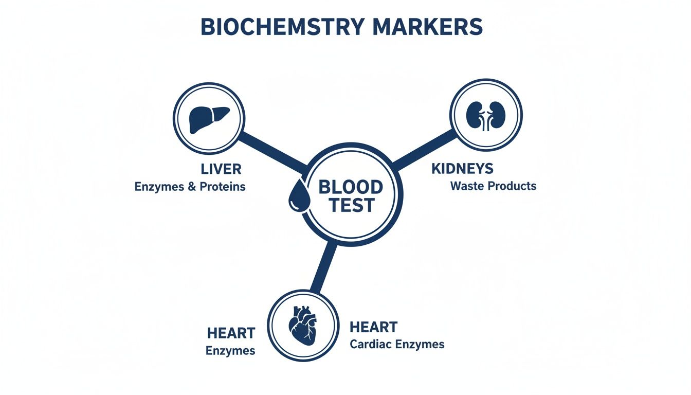 Your Complete Guide to Understanding a Biochemistry Blood Test 2 Infographic detailing biochemistry markers in a blood test for liver, kidney, and heart function.