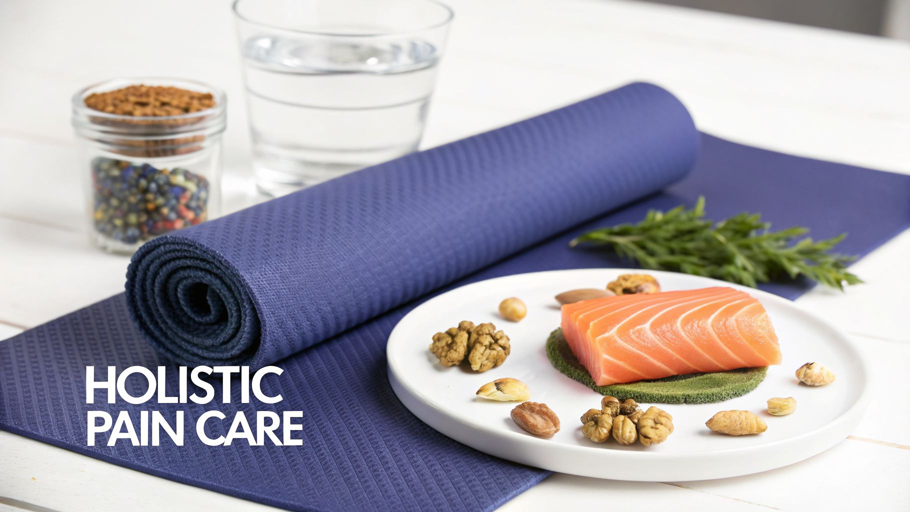 A yoga mat, water, salmon, nuts, and herbs for holistic pain care and healthy living.