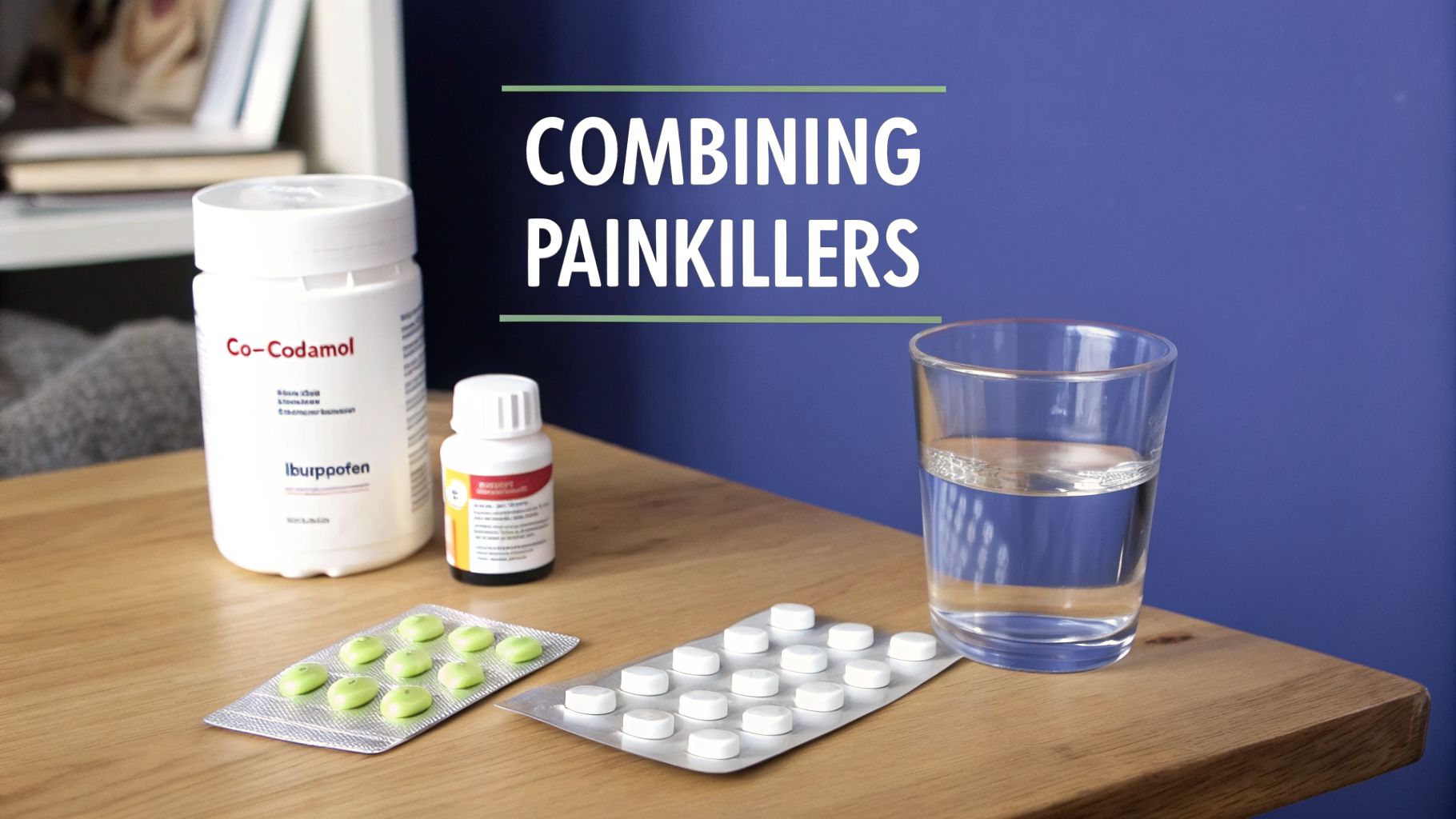 Co-Codamol and Ibuprofen bottles, blister packs of pills, and a glass of water, with text about combining painkillers.
