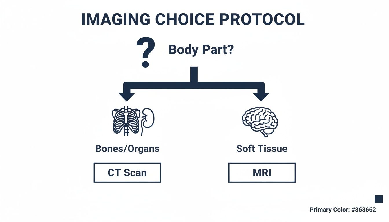 Cat scan v mri: A Practical Guide to Imaging Choices 2 Flowchart illustrating imaging choice protocol: CT scan for bones/organs, MRI for soft tissue decisions.