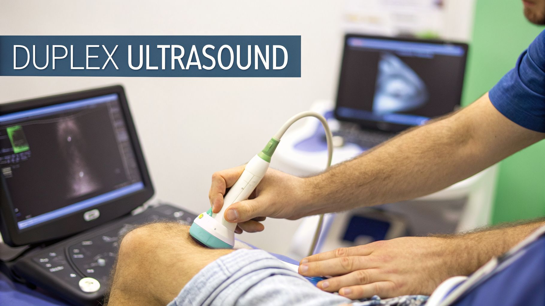 Understanding the Deep Vein Thrombosis Test 2 Medical professional performing a duplex ultrasound scan on a patient's leg with imaging displayed.