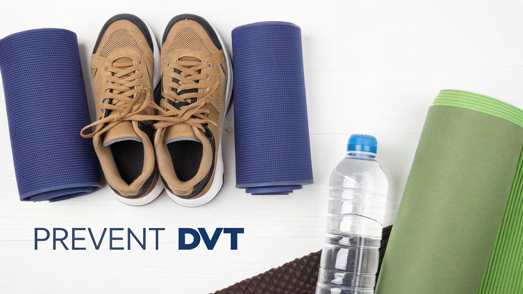 Understanding the Deep Vein Thrombosis Test 3 Flat lay of fitness gear including sneakers, yoga mats, and water bottle, promoting DVT prevention.