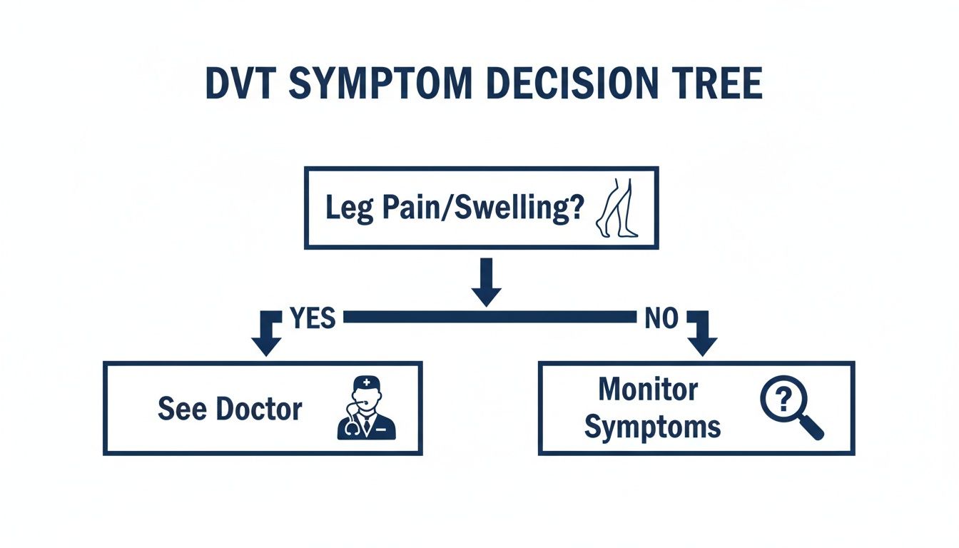 Understanding the Deep Vein Thrombosis Test 1 Flowchart illustrating DVT symptom decision: leg pain leads to doctor, no pain to monitoring.