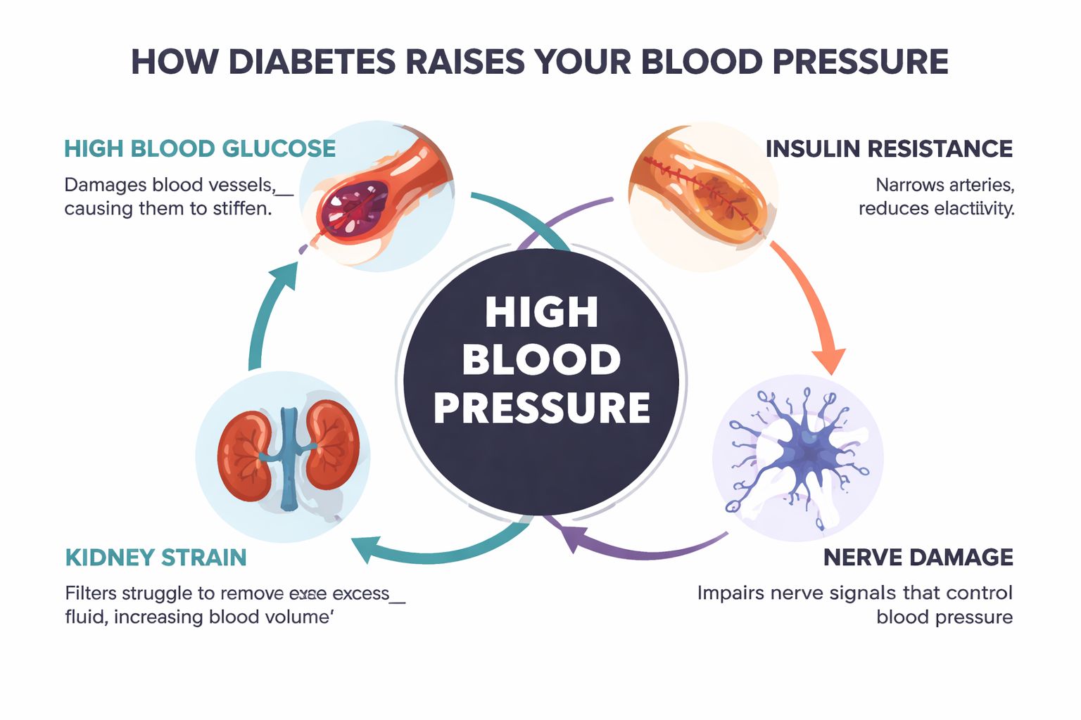 Managing Diabetes Blood Pressure: Expert UK Care Guide 2026 1 A diagram explaining how diabetes causes high blood pressure through four interconnected physiological factors and damage.