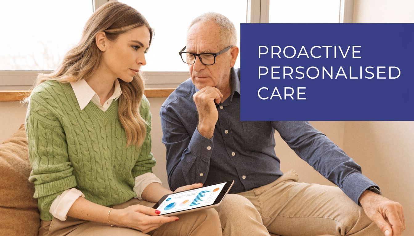 Managing Diabetes Blood Pressure: Expert UK Care Guide 2026 3 A woman helping an elderly man review his health data on a tablet for personalized medical care.