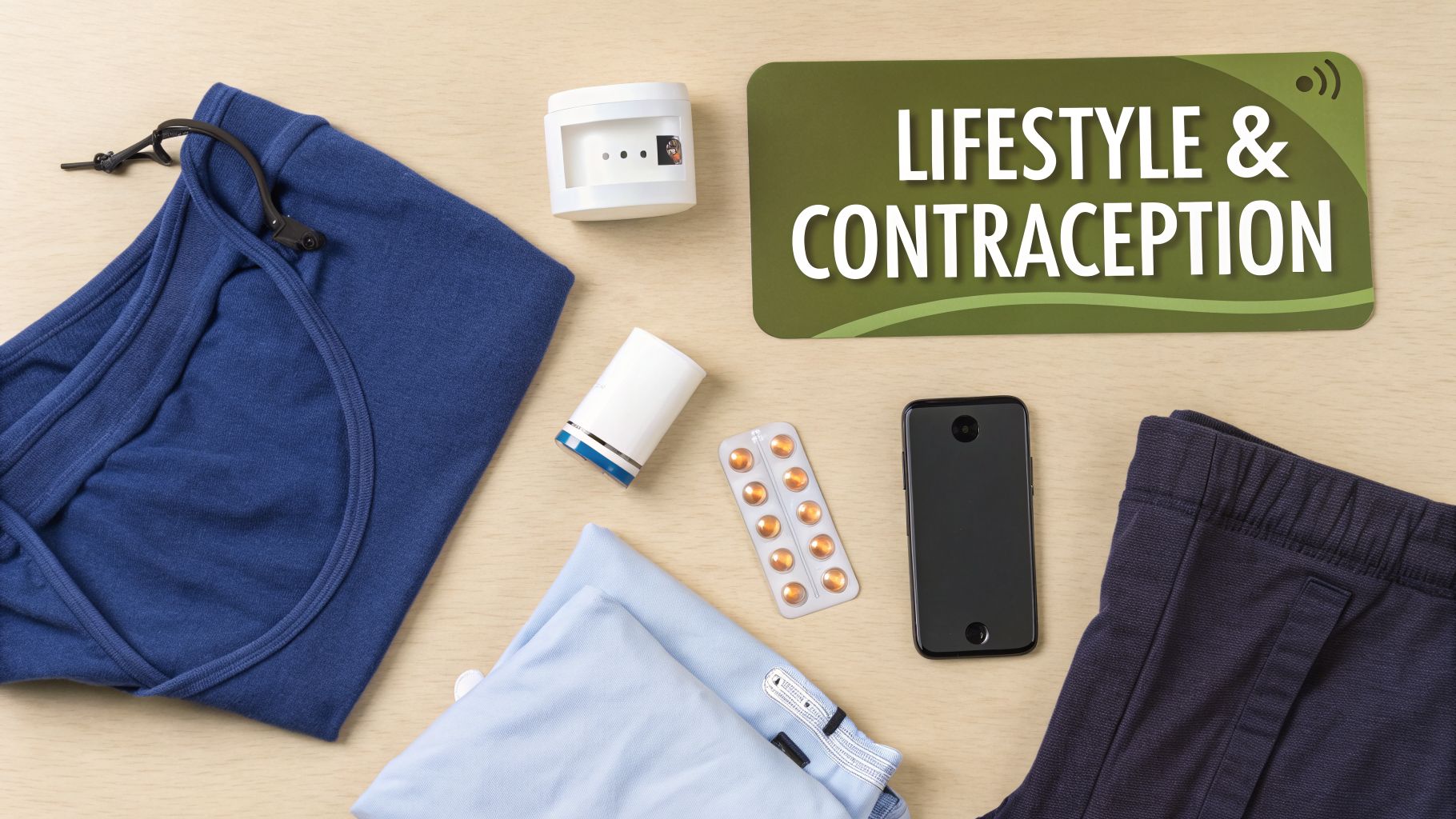 Discharge after period: A Guide to What's Normal and When to Seek Help 3 A flat lay of lifestyle and contraception items, including activewear, a smart pill dispenser, and a smartphone.