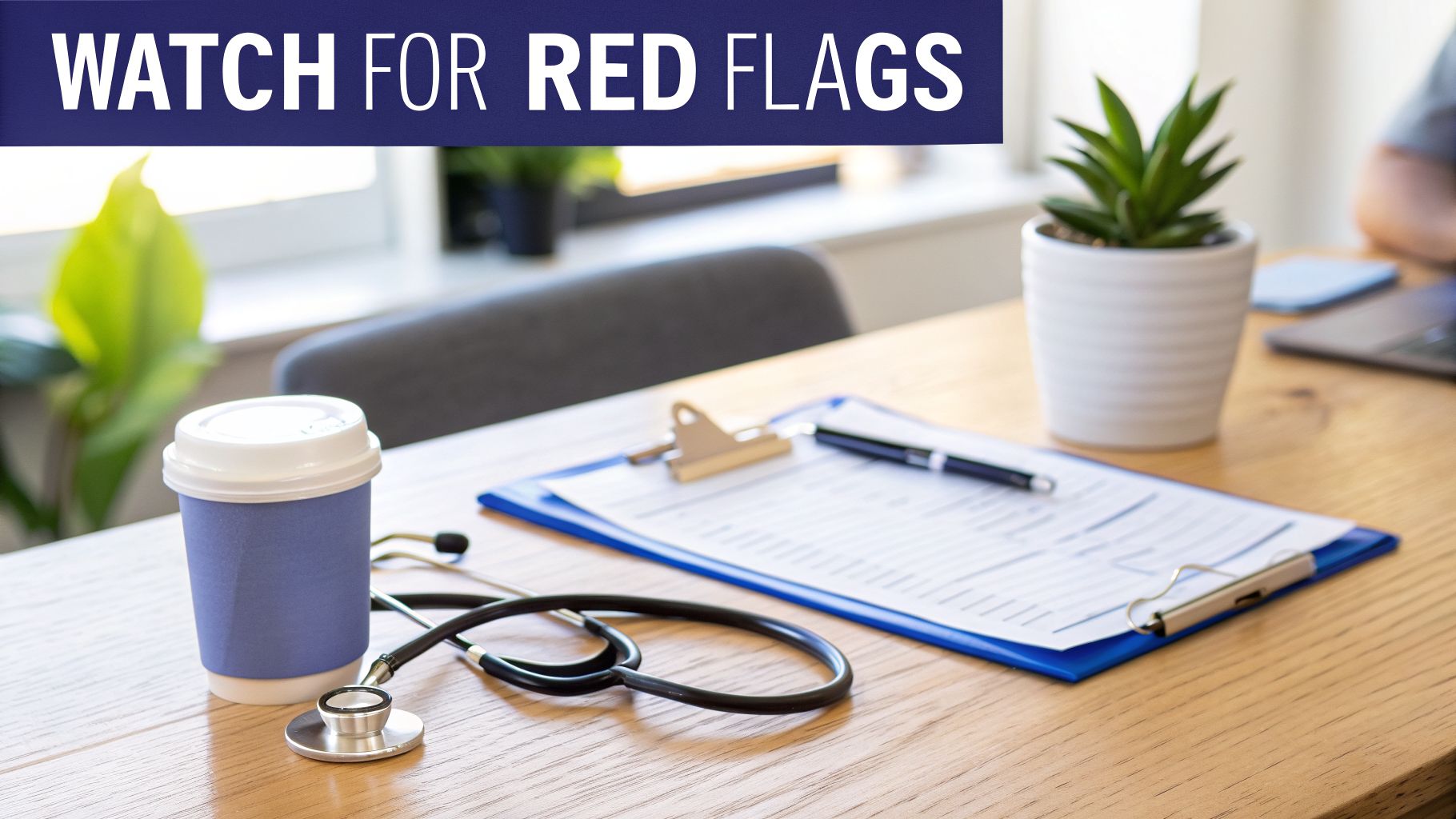 Discharge after period: A Guide to What's Normal and When to Seek Help 2 A doctor's desk with a stethoscope, coffee, clipboard, and a banner reading 'WATCH FOR RED FLAGS'.