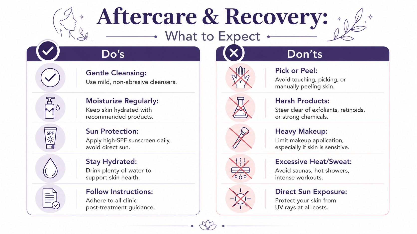 A Patient's Guide to Face Peeling Treatment 3 An infographic titled Aftercare and Recovery displaying a list of Do's and Don'ts for post-treatment skin care.