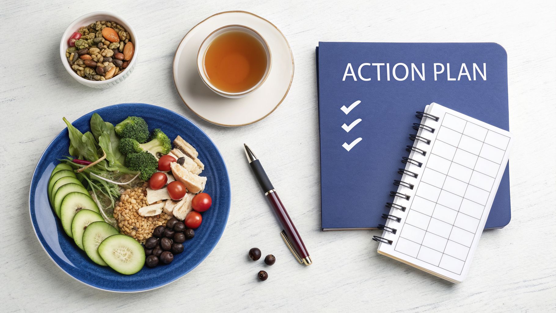Flat lay of a healthy meal, action plan notebook, pen, and a cup of tea.