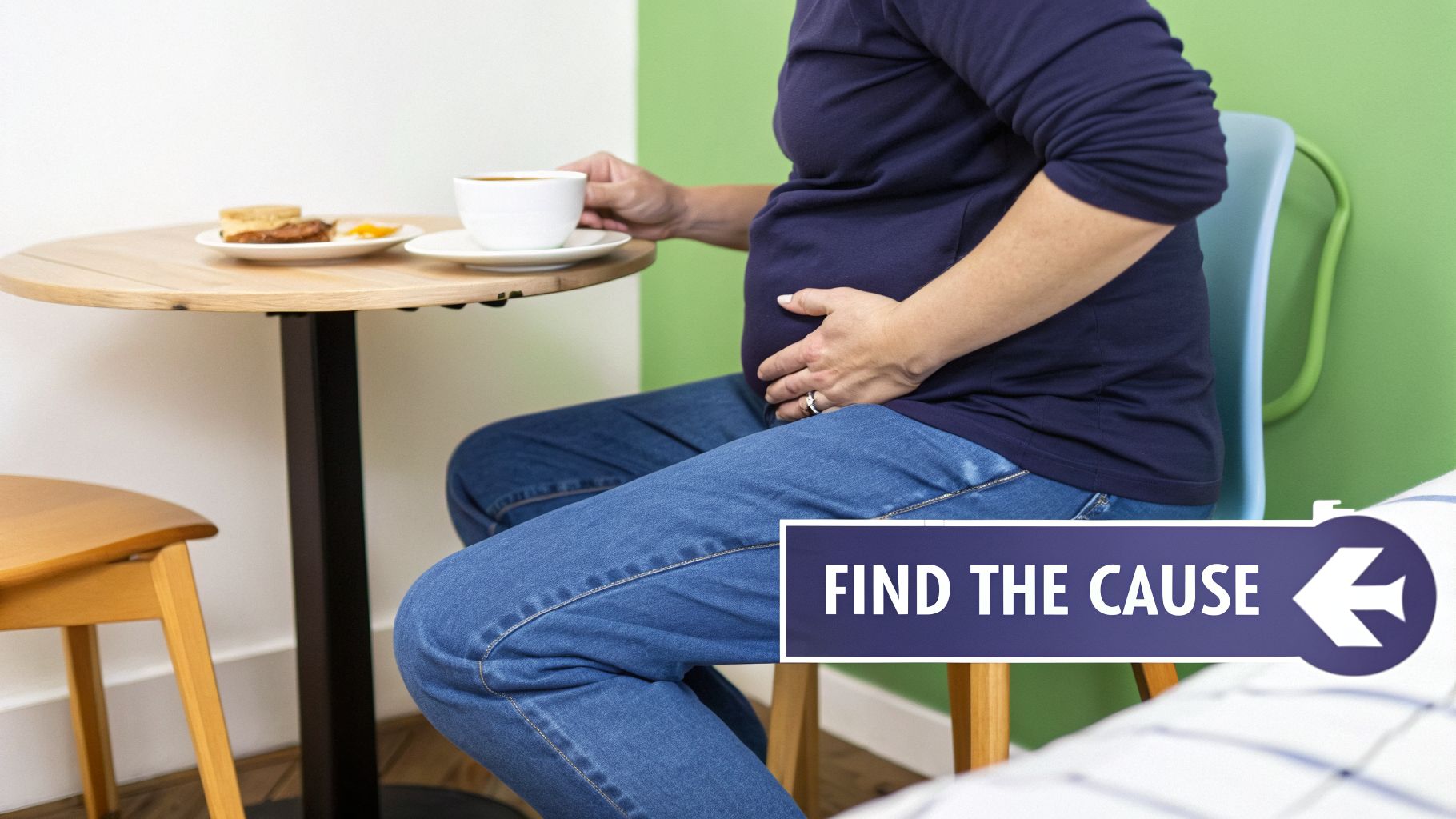 Woman holding her stomach in discomfort while sitting at a table with coffee and food.