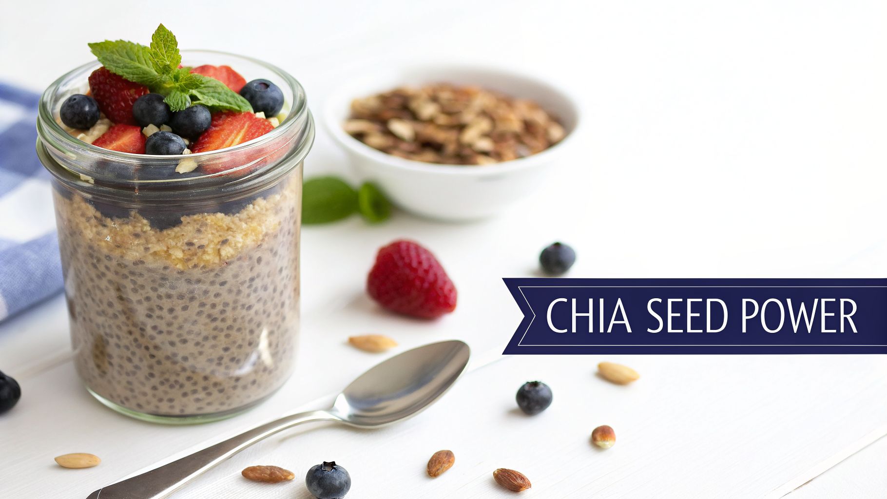 The Top 10 Foods with Fibre for Optimal Health in 2026 1 Delicious chia seed pudding with layers of granola, fresh strawberries, blueberries, and mint in a glass jar.