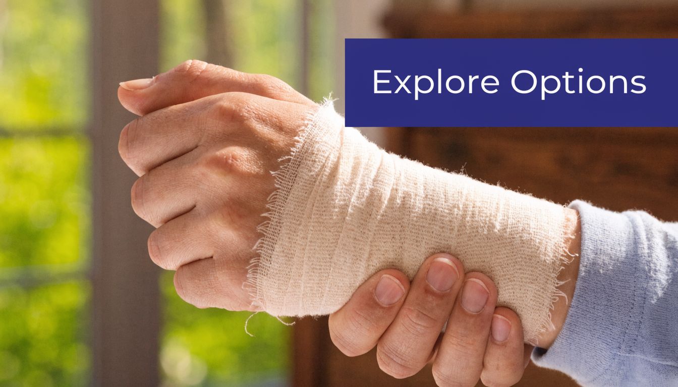 A close-up view of a person holding their wrist, which is wrapped in a beige gauze bandage.