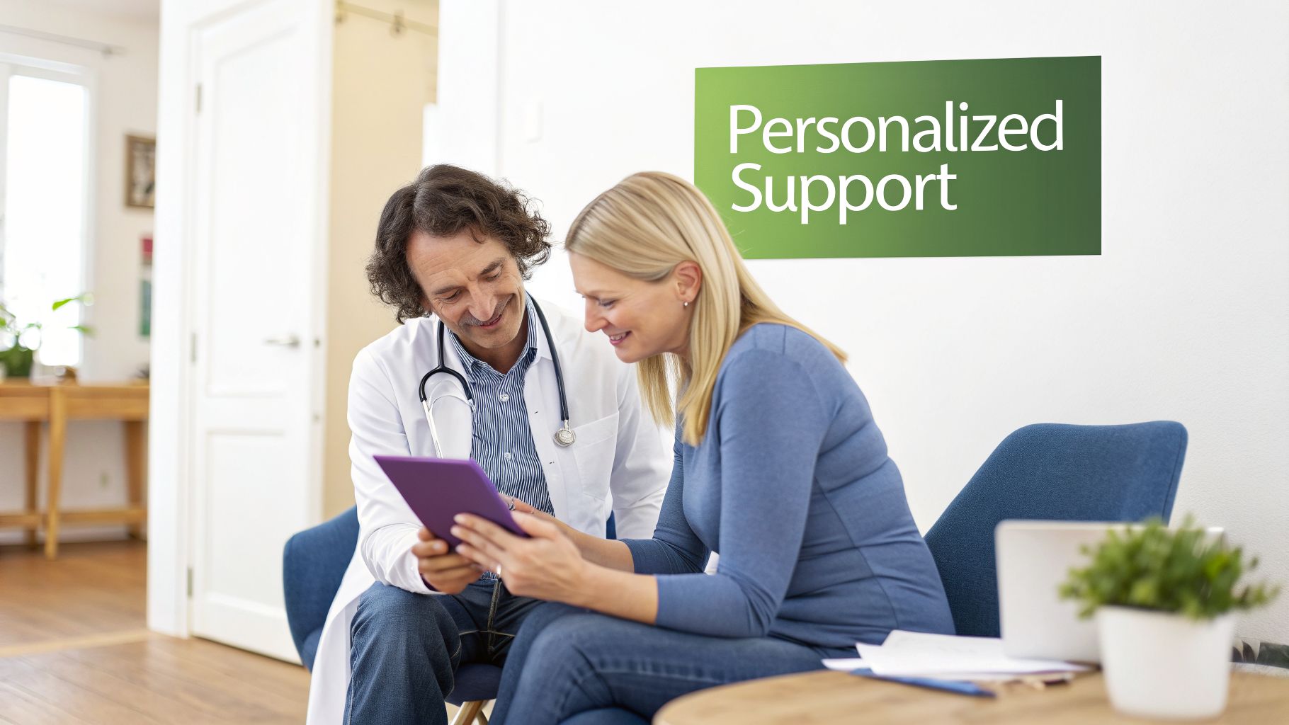 Gastric Balloon Pill: A Doctor's Guide to This Non-Surgical Weight Loss Solution 3 Doctor and female patient discuss health on a tablet in a clinic, personalized support banner visible.