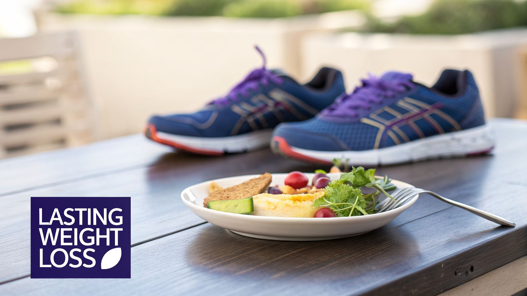 Gastric Balloon Pill: A Doctor's Guide to This Non-Surgical Weight Loss Solution 4 A plate of healthy food with running shoes on a table, promoting lasting weight loss.