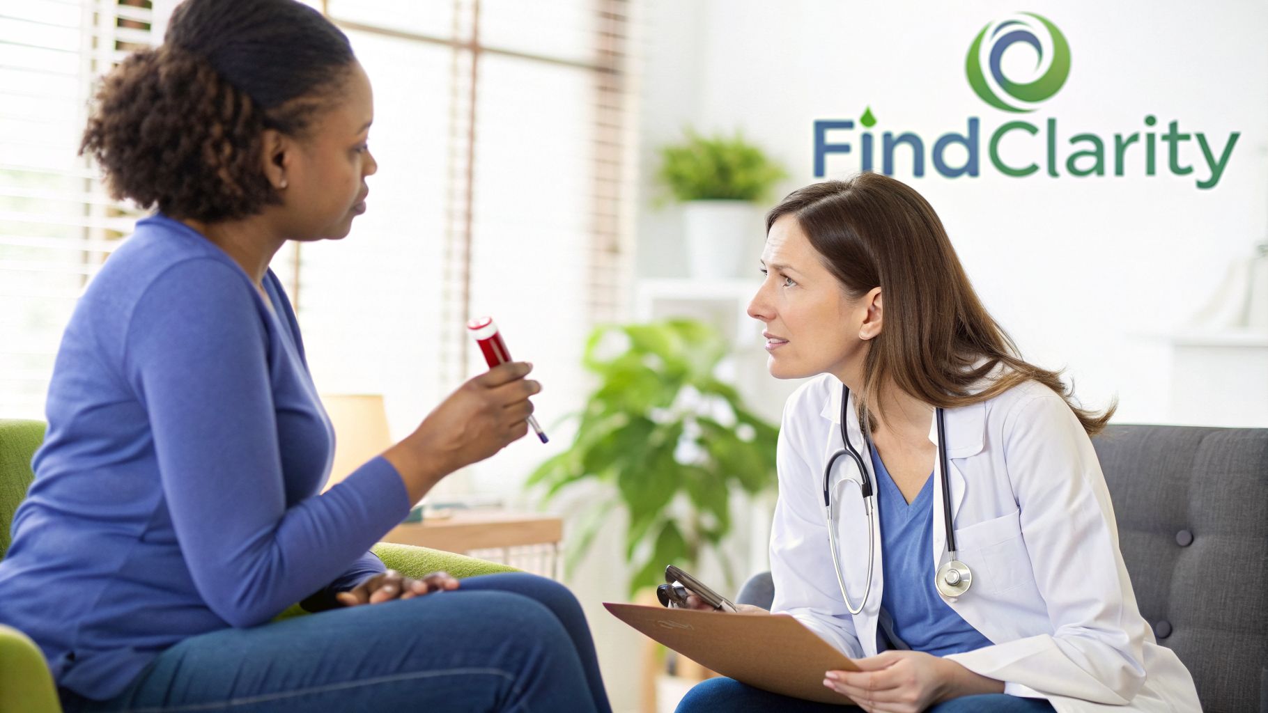 Female patient shows blood sample tube to her doctor during a medical consultation.
