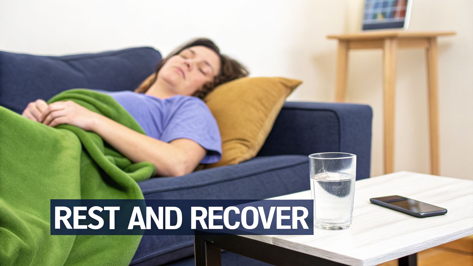 A woman sleeps soundly on a blue couch, covered by a green blanket, with a glass of water and phone on a table. Text reads "REST AND RECOVER".