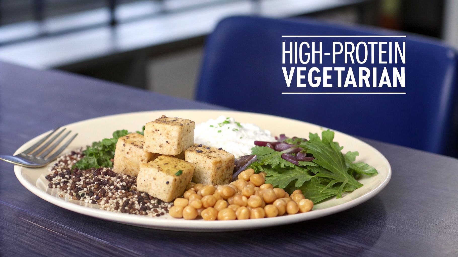 A Clinician's Guide to High Protein Vegetarian Diets 1 A plate of high-protein vegetarian food including tofu, chickpeas, quinoa, greens, and cottage cheese.