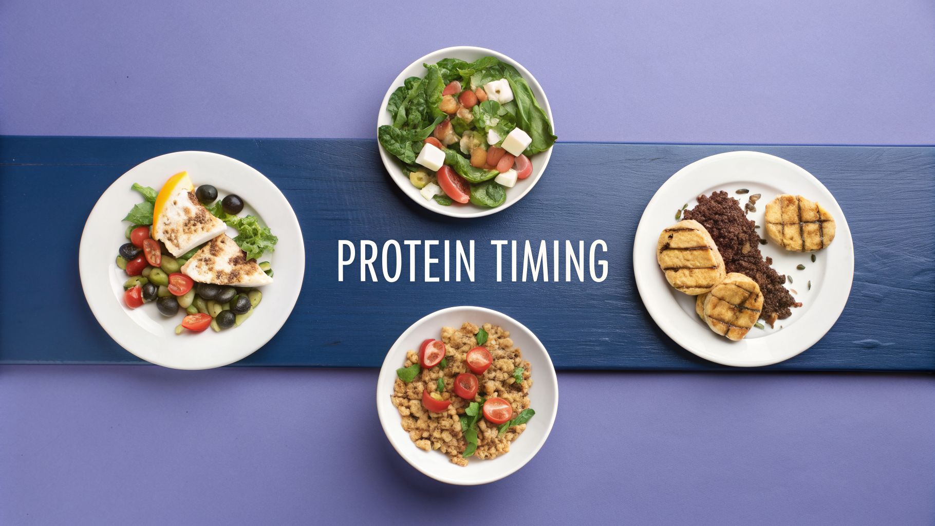 A Clinician's Guide to High Protein Vegetarian Diets 3 Overhead shot of various protein-rich vegetarian meals on a blue and purple background with 'PROTEIN TIMING' text.