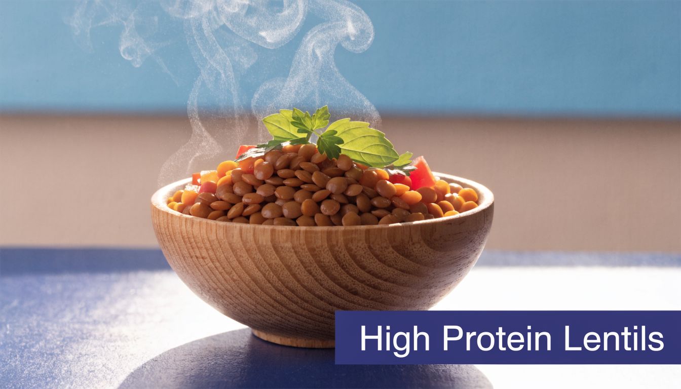 10 Top High Protein Vegetarian Foods for 2026 1 A wooden bowl filled with cooked brown lentils garnished with fresh green herbs and red pepper.