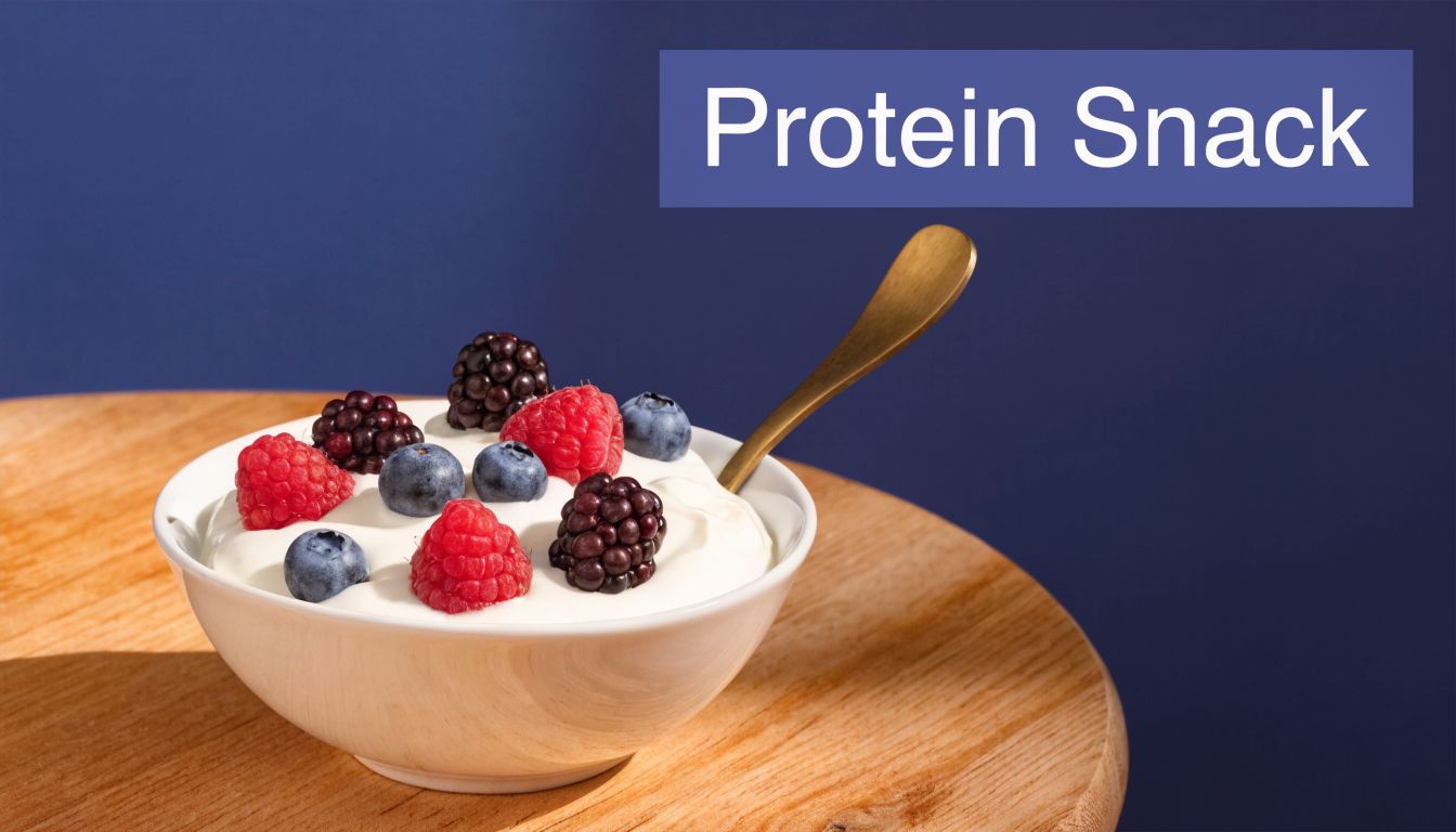 10 Top High Protein Vegetarian Foods for 2026 3 A small white bowl of creamy Greek yogurt topped with fresh raspberries, blueberries, and blackberries.