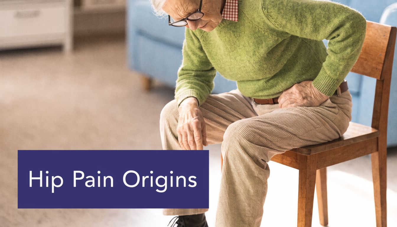 An elderly person sitting on a wooden chair, holding their painful hip with an expression of discomfort.