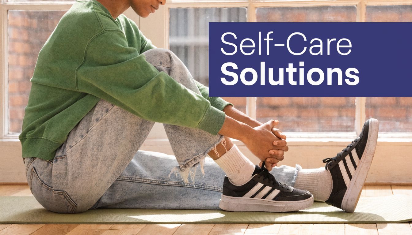 A person sitting on a yoga mat wearing green sweatshirt and jeans, focusing on self-care and wellness.