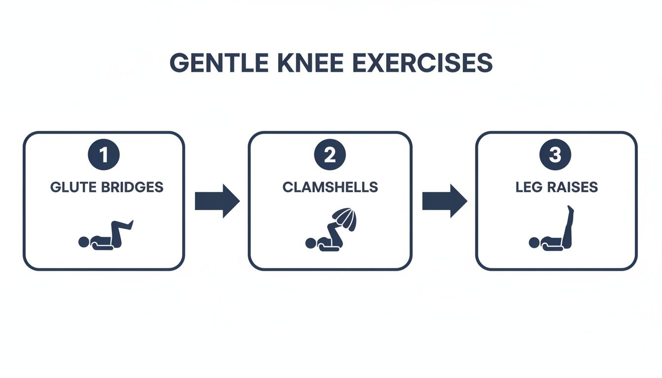 A Practical Guide on How to Strengthen Knees 2 An infographic illustrating three gentle knee exercises: Glute Bridges, Clamshells, and Leg Raises, with sequential steps.