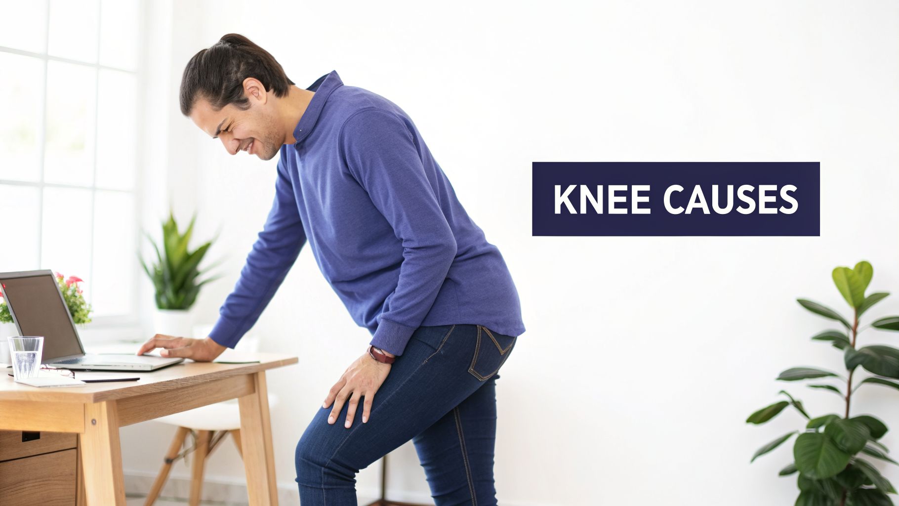A Practical Guide on How to Strengthen Knees 1 Man in blue shirt and jeans experiencing knee pain while standing by a desk with a laptop.