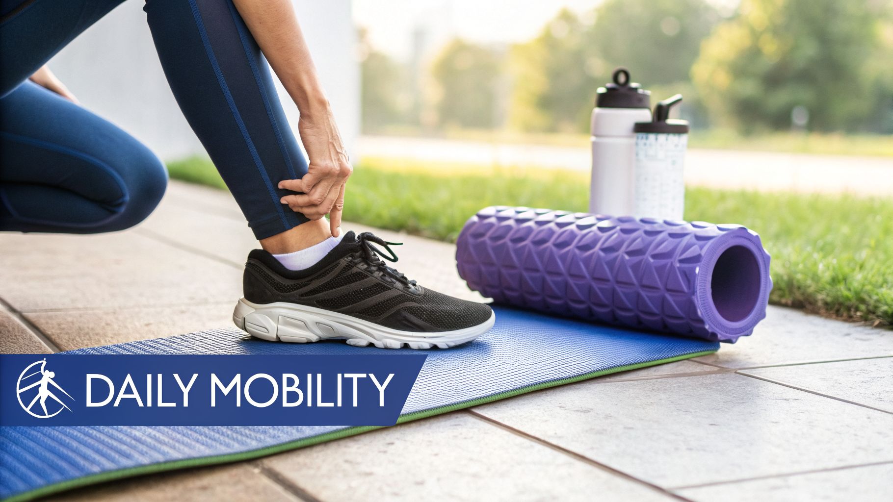 A Practical Guide on How to Strengthen Knees 3 Person adjusting ankle, preparing for exercise with foam roller and yoga mat outdoors.