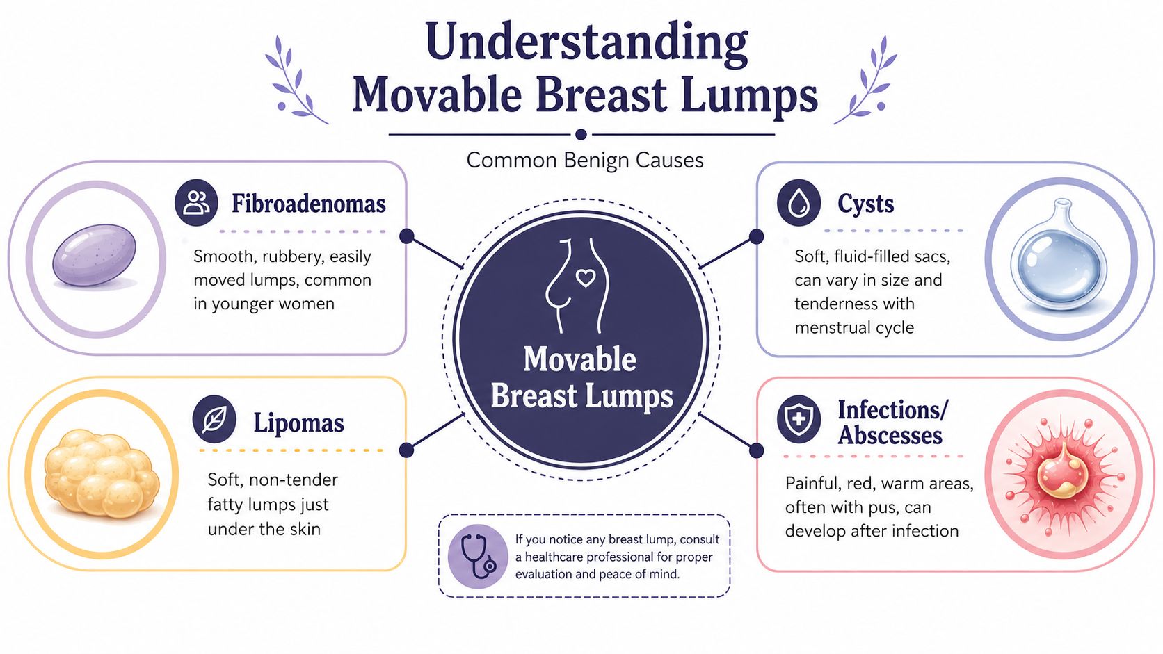 An infographic showing common benign causes of movable breast lumps including fibroadenomas, cysts, lipomas, and infections.