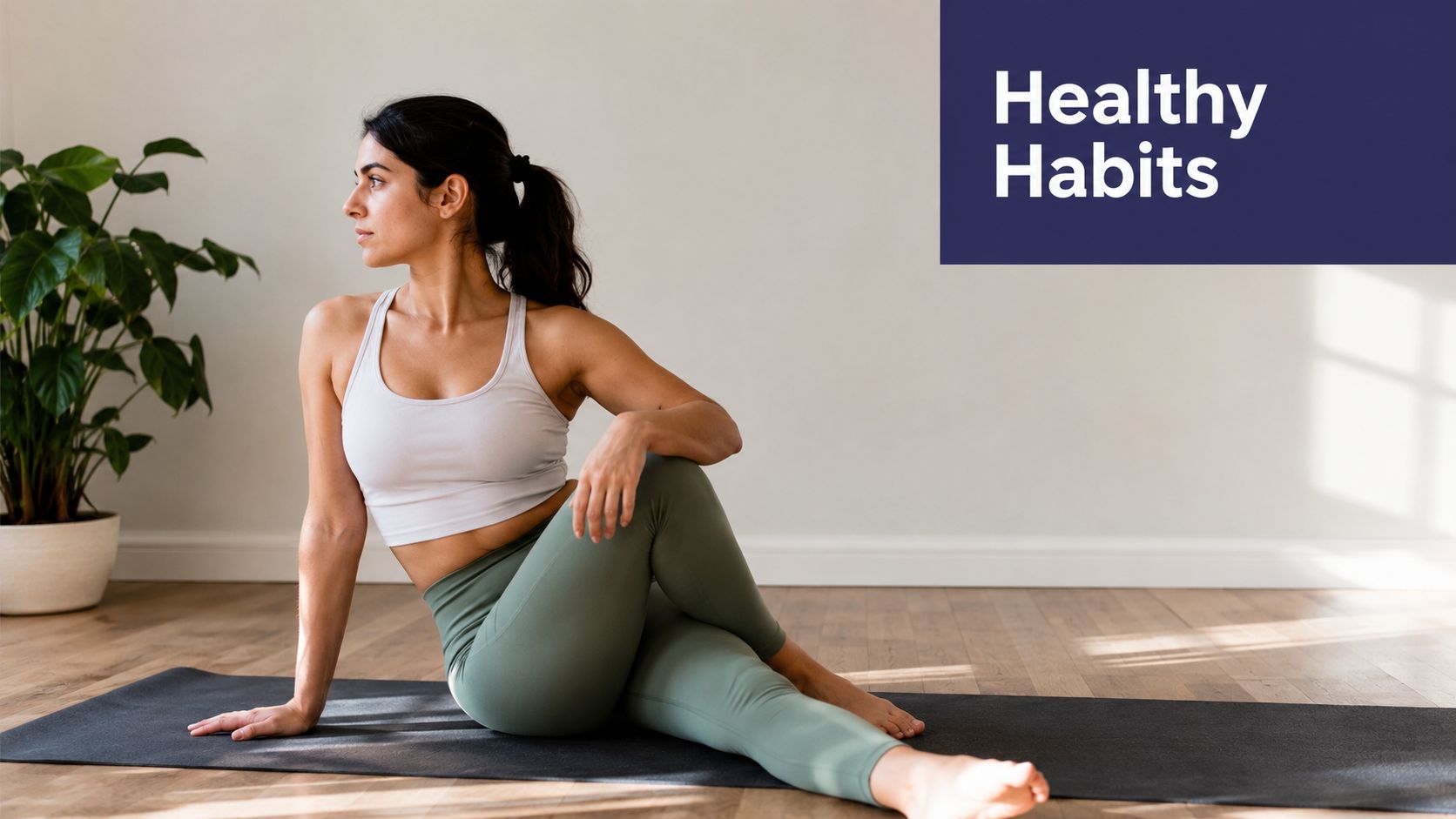 A woman performing a seated spinal twist yoga pose on a mat in a bright, minimalist room.