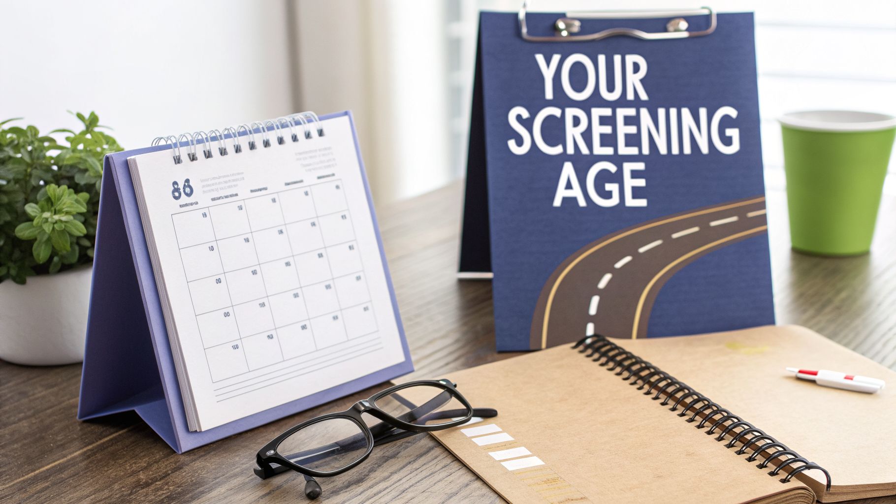 A Guide to Mammogram Screening Age in the UK 1 A desk setup with a calendar, glasses, and a clipboard displaying 'YOUR SCREENING AGE', suggesting health planning.