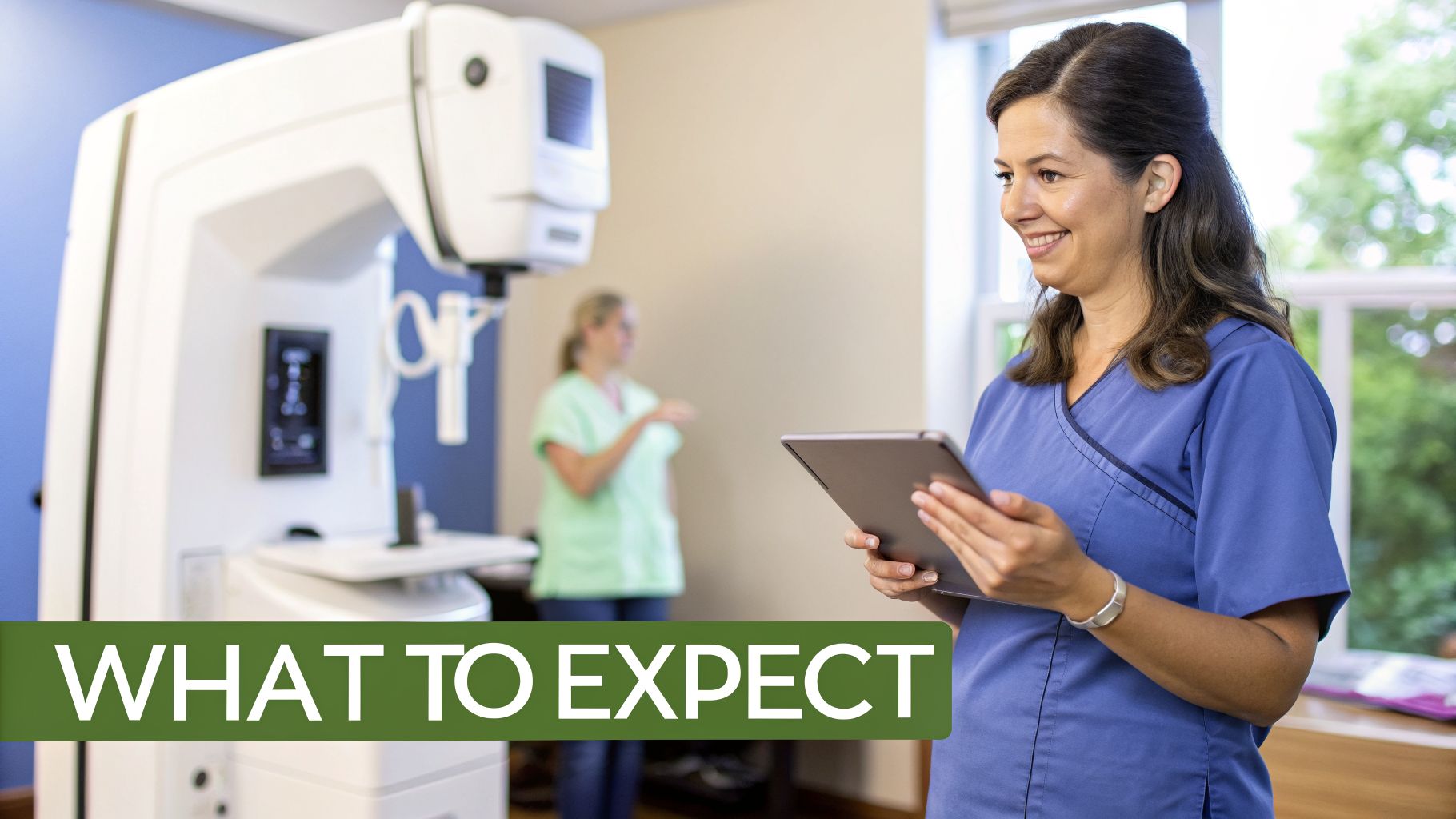 A Guide to Mammogram Screening Age in the UK 3 A smiling healthcare professional in blue scrubs holds a tablet near a mammogram machine.