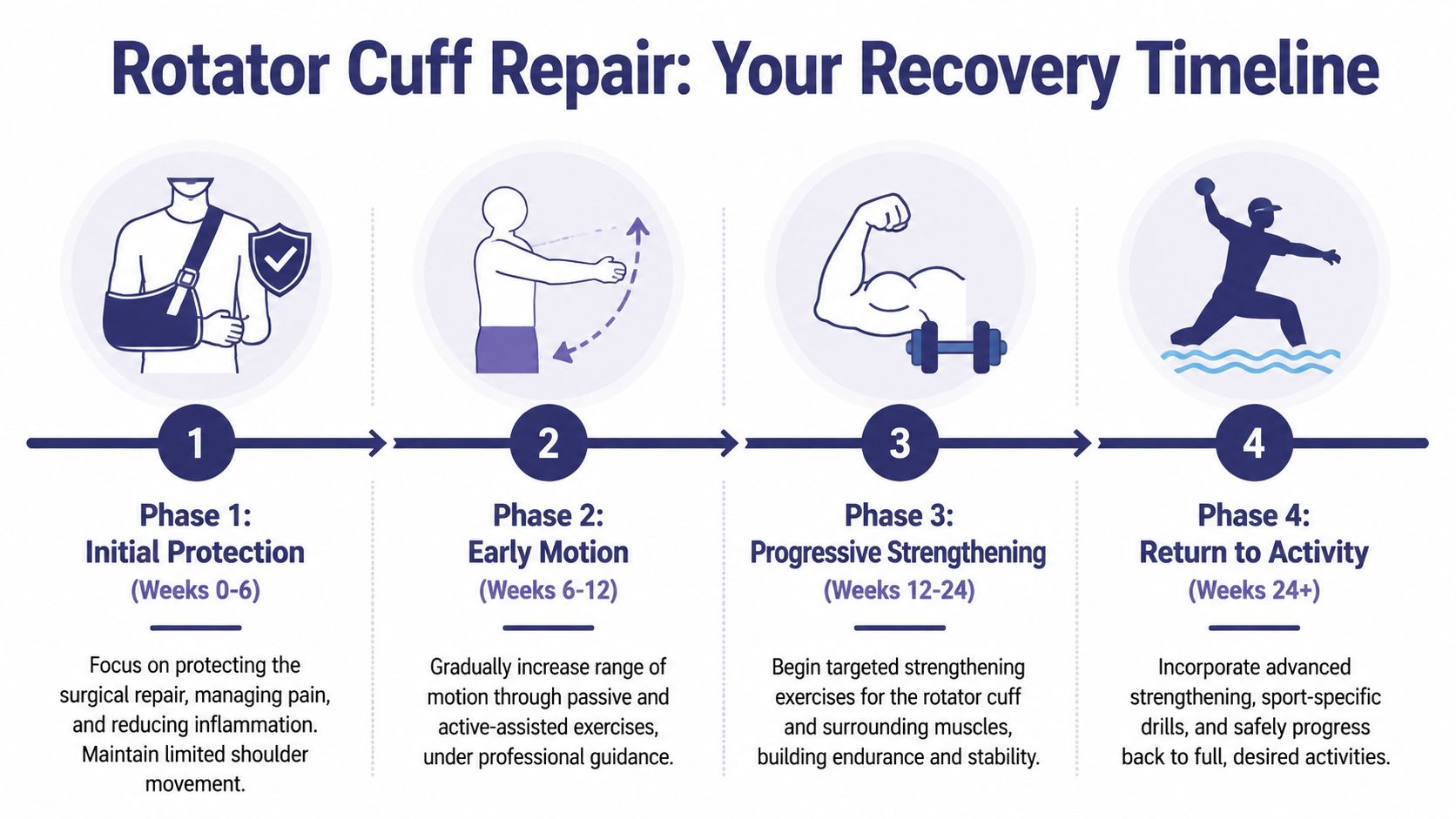 Rotator Cuff Repair: Your Complete Patient Guide 3 A recovery timeline for rotator cuff repair surgery, broken down into four distinct phases from weeks zero to twenty-four.