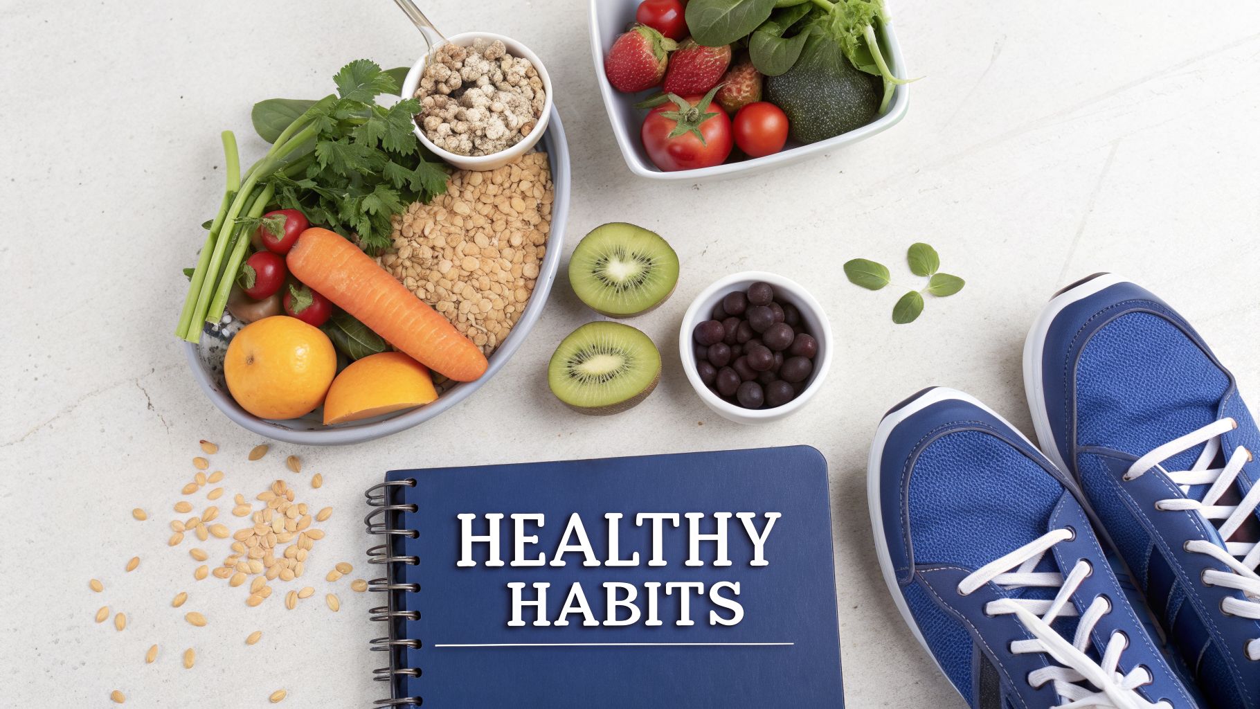 Your Guide to Every Test for Bowel Cancer 4 A flat lay showing healthy foods, a 'HEALTHY HABITS' notebook, and blue running shoes, promoting wellness.