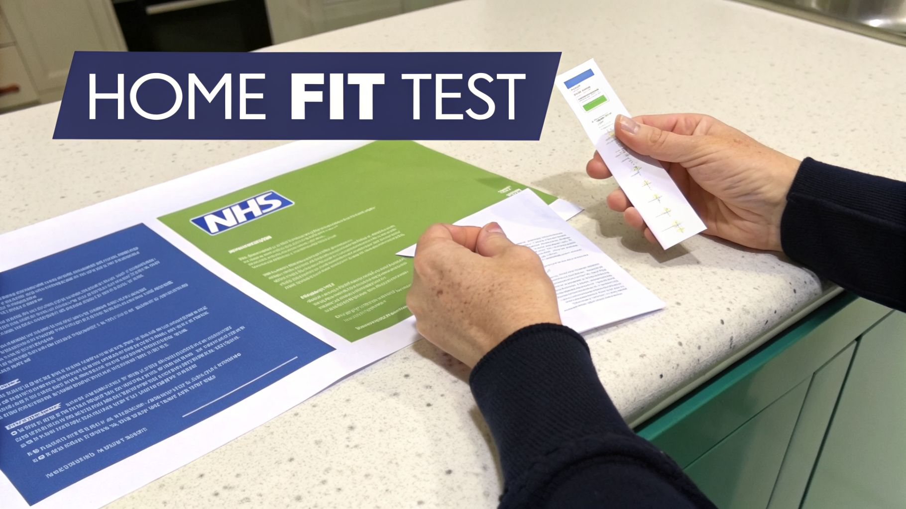Your Guide to Every Test for Bowel Cancer 2 Person's hands holding a home FIT test strip and instructions on a kitchen counter.